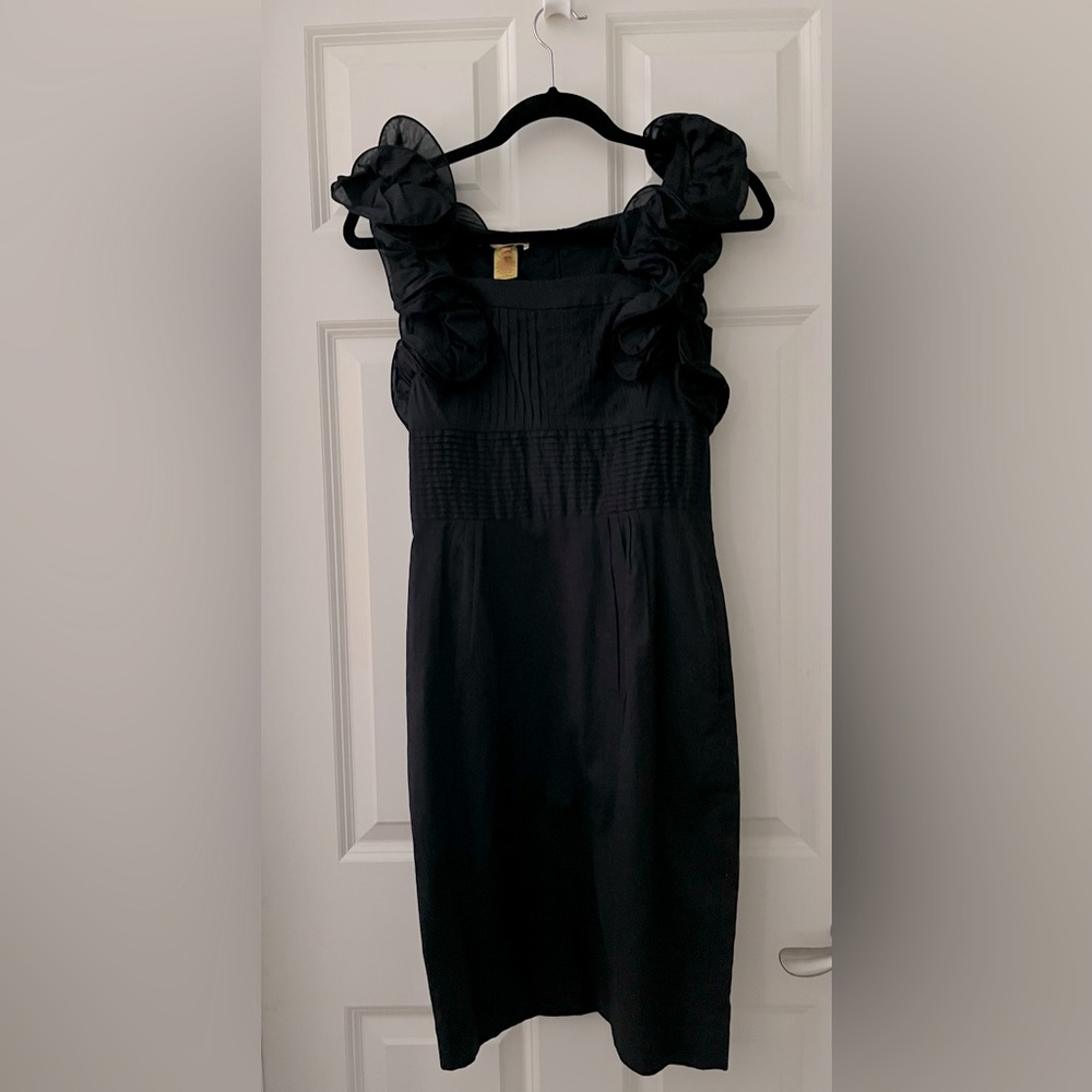 CATHERINE MALANDRINO BLACK DRESS SHOULDER RUFFLES PLEATED BODICE COCKTAIL Size 2